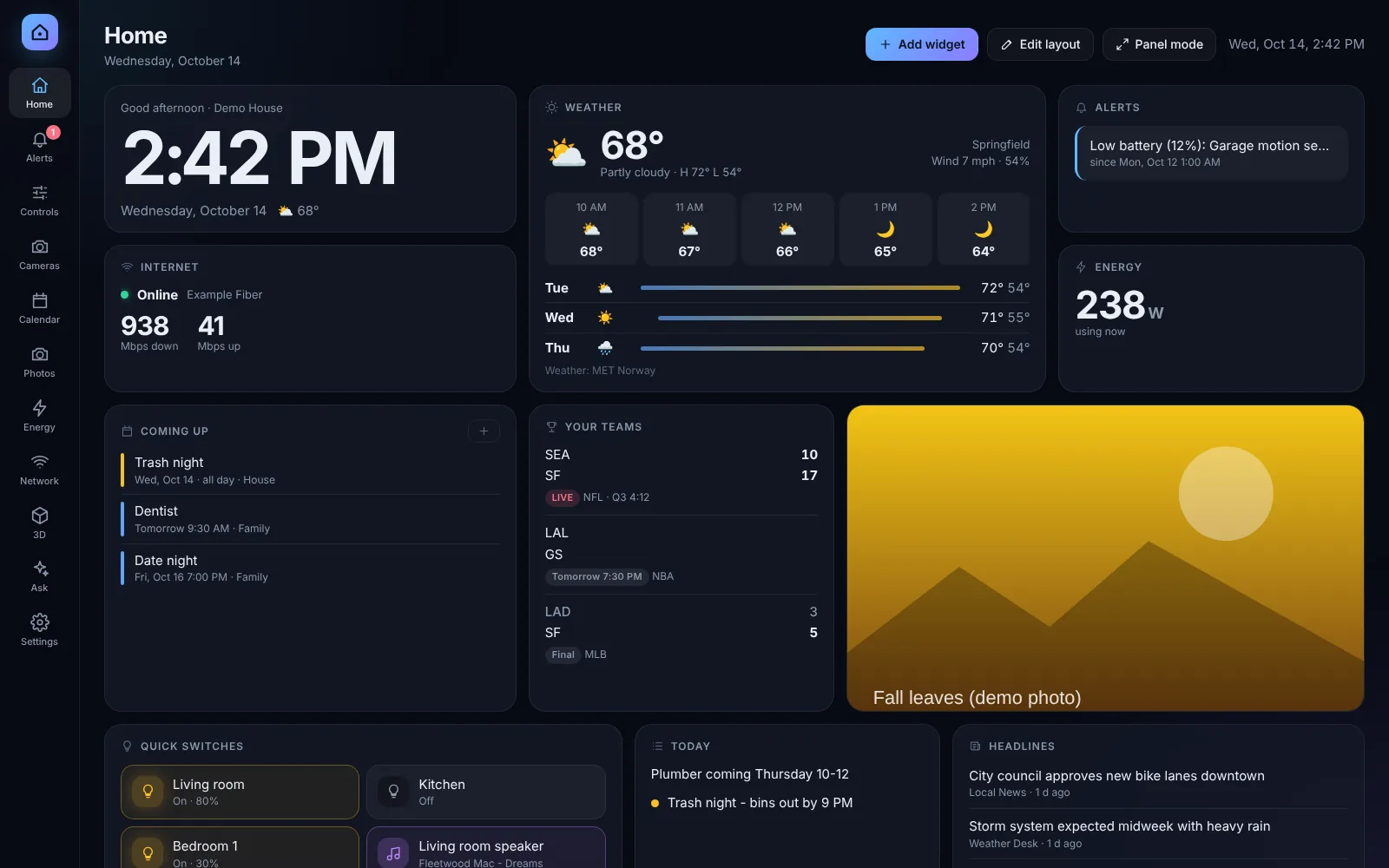 The CasaTorch dashboard: clock, weather, calendar, alerts, energy and quick switches